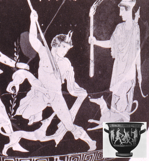 Detail of an ancient Greek vase depicting figures, including one with antlers, hunting with dogs, and another holding a torch