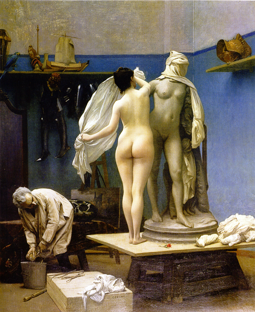 An artist in a studio, modeling a nude woman next to a draped sculpture, surrounded by tools and exotic objects