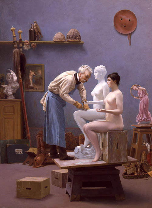 An old sculptor works on a statue, comparing it to a nude model in a studio filled with art supplies and sculptures