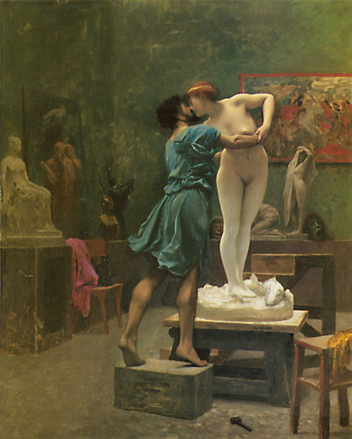 Pygmalion kissing the living statue of Galatea in a sculptor's studio, surrounded by other statues and tools