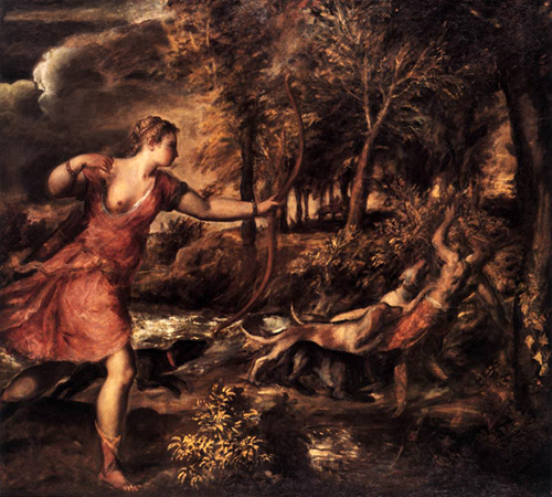 A mythological painting of Diana, dressed in red, aiming her bow at Actaeon being attacked by hounds.